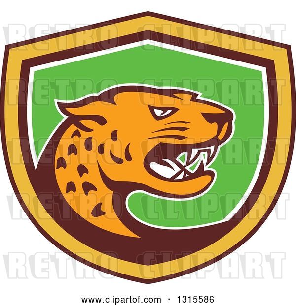 Vector Clip Art of Retro Angry Jaguar Cat in a Brown Yellow White and Green Shield