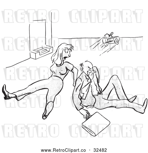 Vector Clip Art of Retro Angry Man and Woman After Tripping over a Toy Black and White