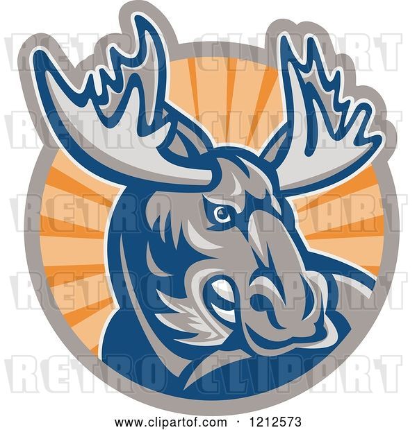 Vector Clip Art of Retro Angry Moose over a Circle of Orange Rays