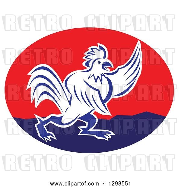 Vector Clip Art of Retro Angry Pointing Rooster in a Red and Blue Oval