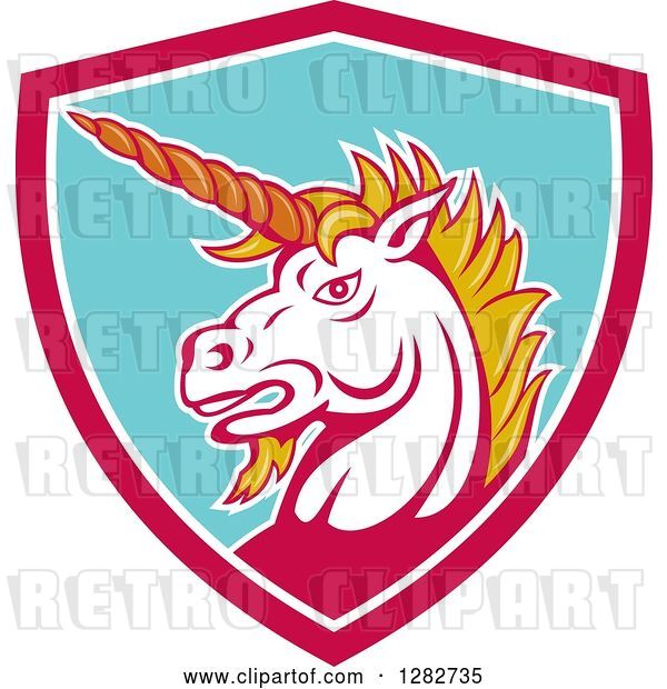 Vector Clip Art of Retro Angry Unicorn Head in a Pink White and Turquoise Shield