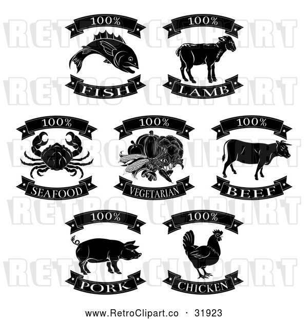 Vector Clip Art of Retro Animal Meat Food Labels - Black and White Versions