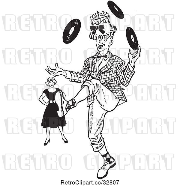 Vector Clip Art of Retro Annoyned Lady Watching a Teenage Boy Showing off His Juggling Talents in