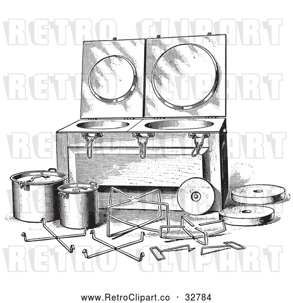 Vector Clip Art of Retro Antique Fireless Cooker and Stones in Black and White