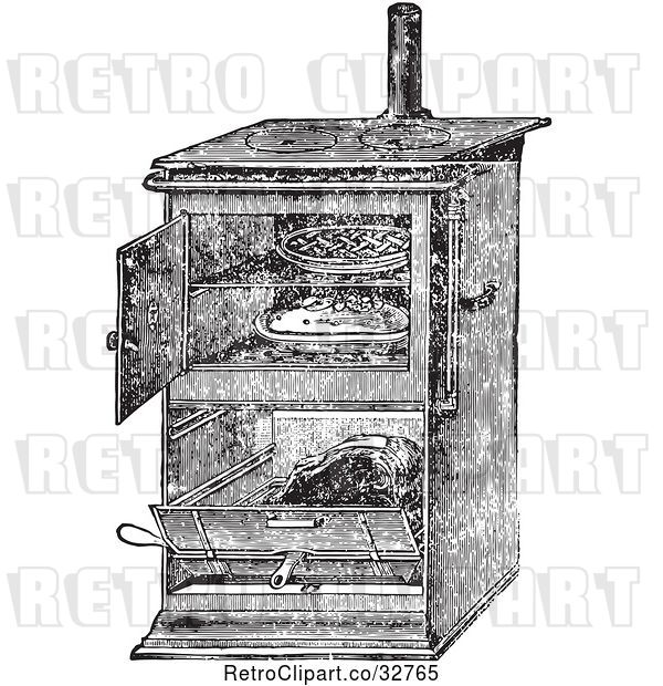 Vector Clip Art of Retro Antique Gas Cooking Stove with Food Baking in the Oven, in
