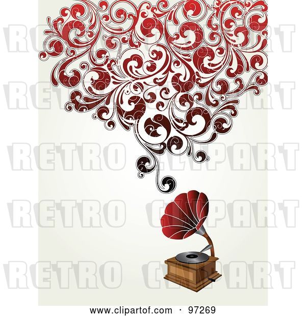 Vector Clip Art of Retro Antique Phonograph with Red Swirly Vines