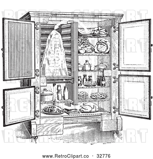 Vector Clip Art of Retro Antique Refrigerator with an Ice Compartment and Air Flow Shown, in Black and White