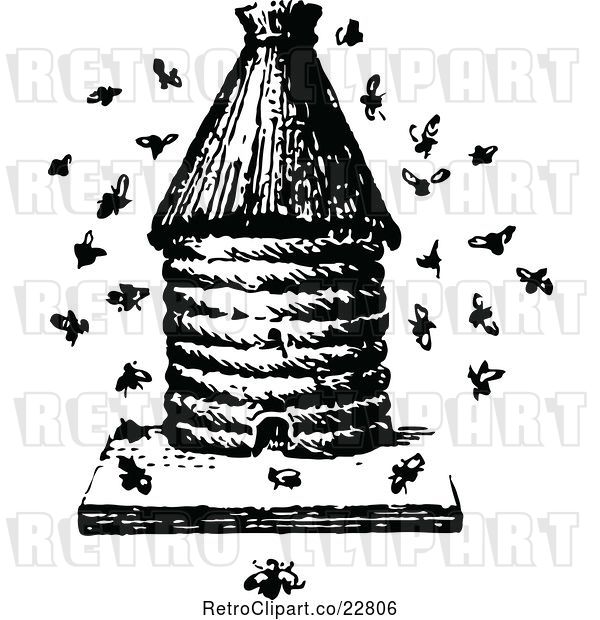 Vector Clip Art of Retro Apiology Bee Hive with a Swarm