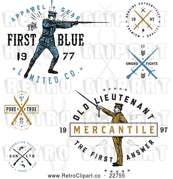 Vector Clip Art of Retro Apparel Labels with Guns, Swords and Soldiers