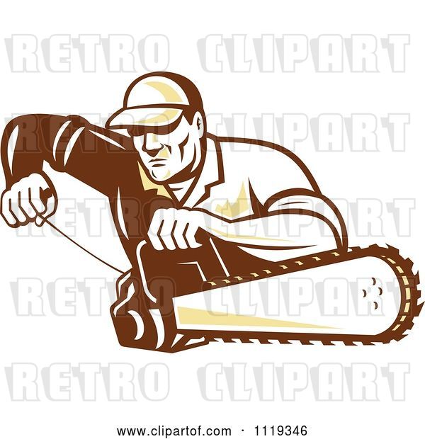 Vector Clip Art of Retro Arborist Tree Surgeon or Lumberjack Starting up a Chainsaw