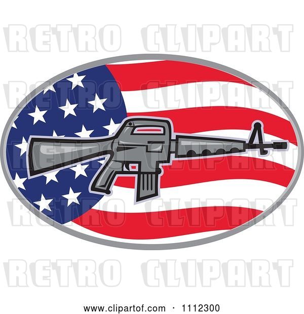 Vector Clip Art of Retro Armalite M-16 Colt AR-15 Assault Rifle over an American Flag Oval