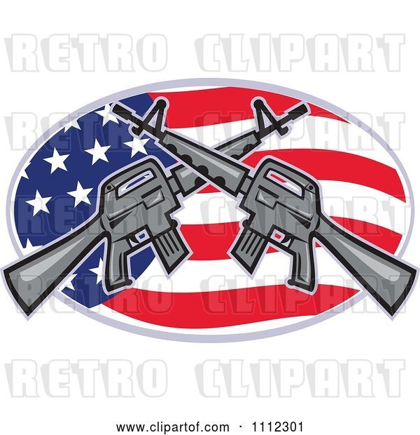 Vector Clip Art of Retro Armalite M-16 Colt Ar-15 Assault Rifles Crossed over an American Flag Oval