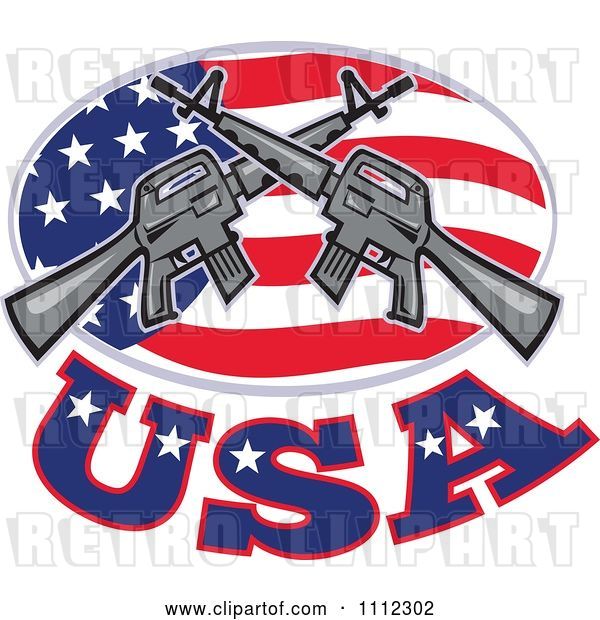 Vector Clip Art of Retro Armalite M-16 Colt Ar-15 Assault Rifles Crossed over an American Flag Oval with USA Text