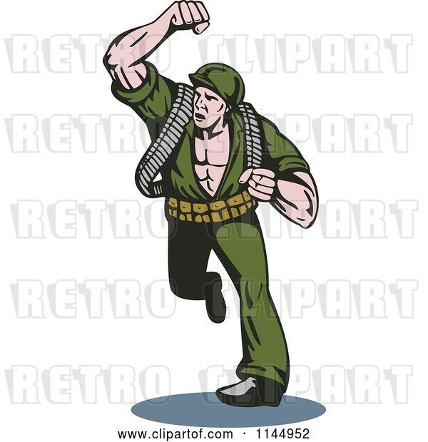 Vector Clip Art of Retro Army Soldier Running and Punching