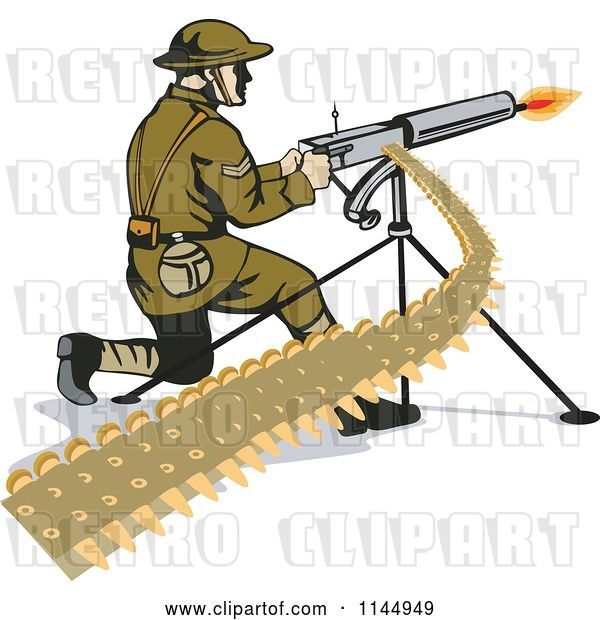 Vector Clip Art of Retro Army Soldier Shooting a Machine Gun