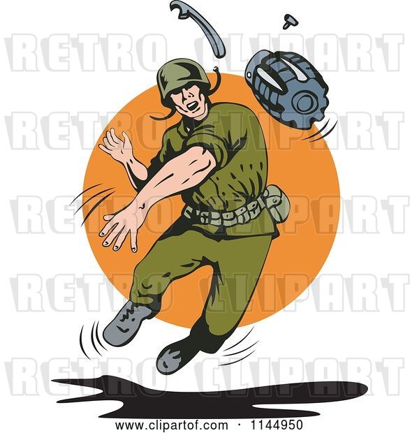 Vector Clip Art of Retro Army Soldier Throwing a Grenade