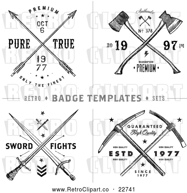 Vector Clip Art of Retro Arrow Axe and Sword Label Designs with Sample Text