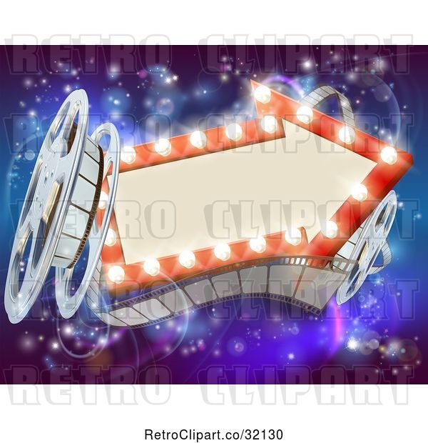 Vector Clip Art of Retro Arrow Marquee Theater Sign with Light Bulbs, Film Reels and Clapper Board over Magical Lights