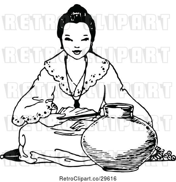 Vector Clip Art of Retro Asian Girl Sitting with a Pot