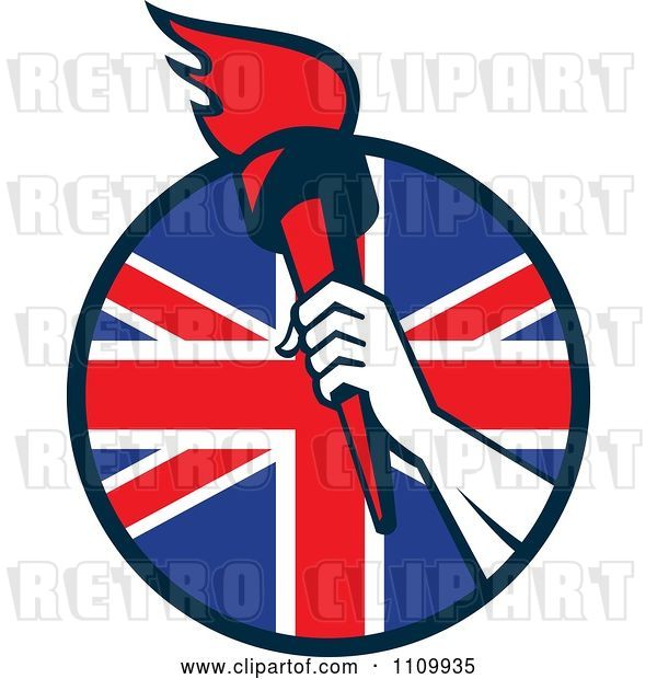 Vector Clip Art of Retro Athlete Holding up a Flaming Torch over a British Union Jack Flag Circle