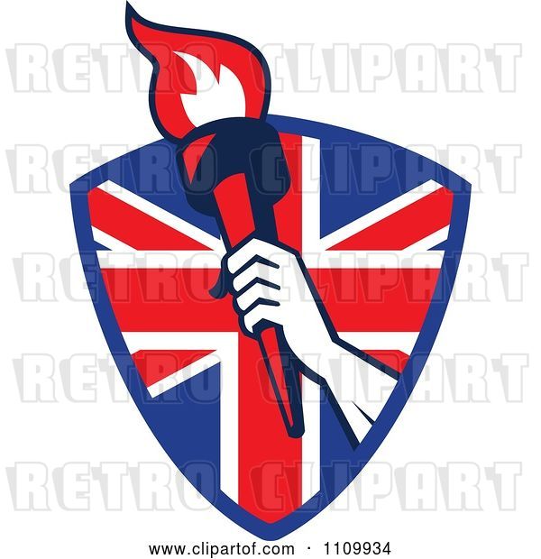 Vector Clip Art of Retro Athlete Holding up a Flaming Torch over a British Union Jack Flag Shield