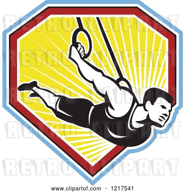 Vector Clip Art of Retro Athletic Guy on the Still Rings over a Shield of Ray