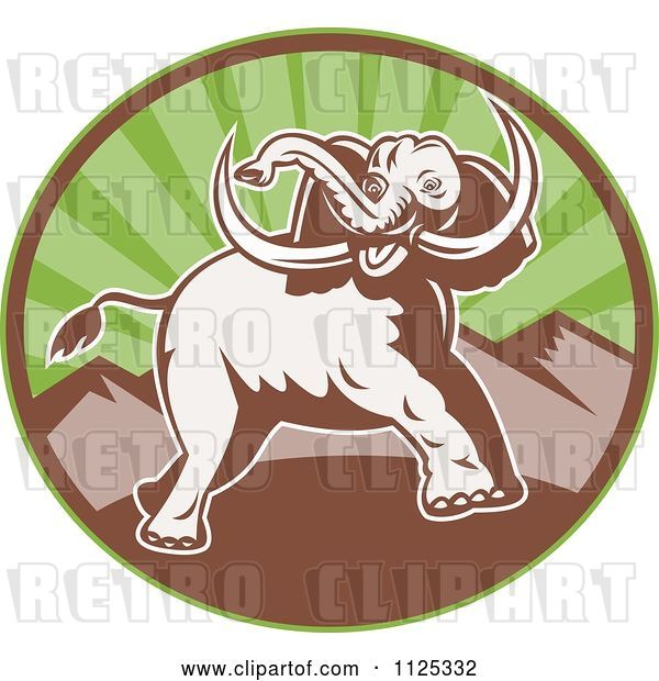 Vector Clip Art of Retro Attacking Elephant over a Circle with Mountains