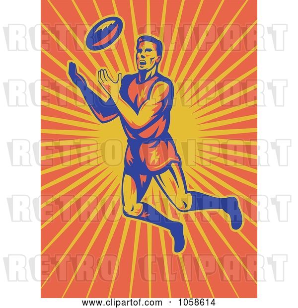 Vector Clip Art of Retro Aussie Rugby Player Jumping to Catch a Ball