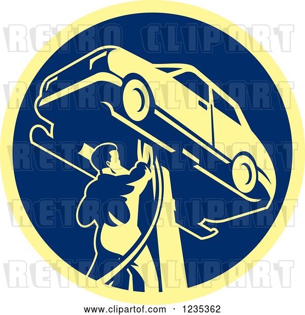 Vector Clip Art of Retro Auto Mechanic Working on a Car on a Lift in a Blue and Yellow Circle