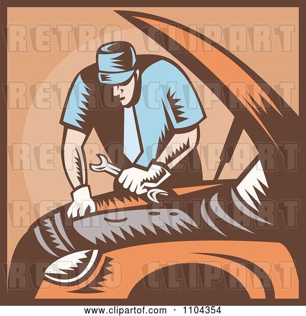 Vector Clip Art of Retro Auto Mechanic Working on an Engine