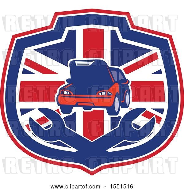 Vector Clip Art of Retro Auto Repair Design with a Car over Wrenches in a Union Jack Shield