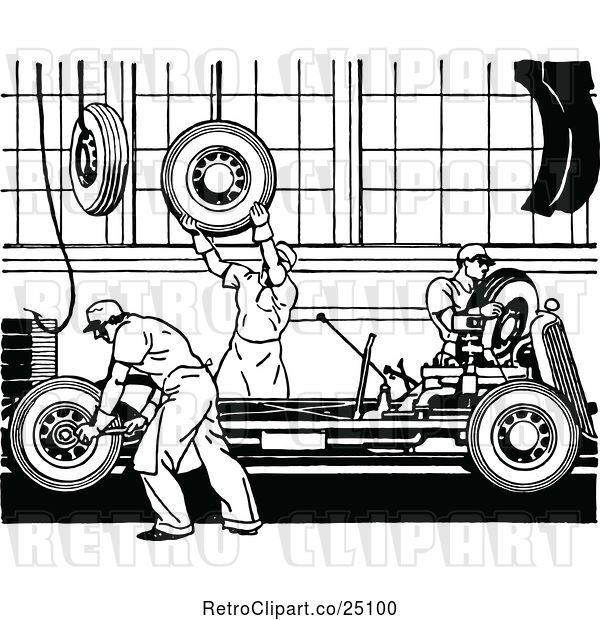 Vector Clip Art of Retro Automobile Assembly Line