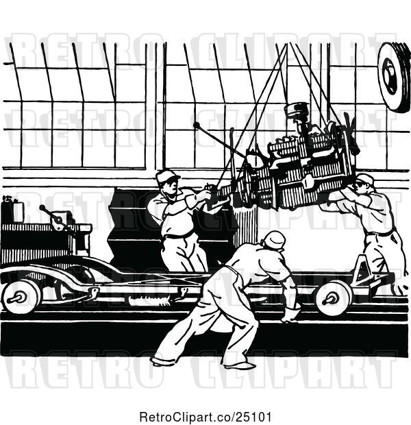 Vector Clip Art of Retro Automobile Assembly Line