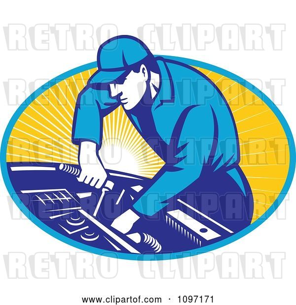 Vector Clip Art of Retro Automobile Mechanic Using a Socket Wrench on a Car Engine