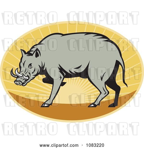 Vector Clip Art of Retro Babirusa Pig Against a Sunset Oval