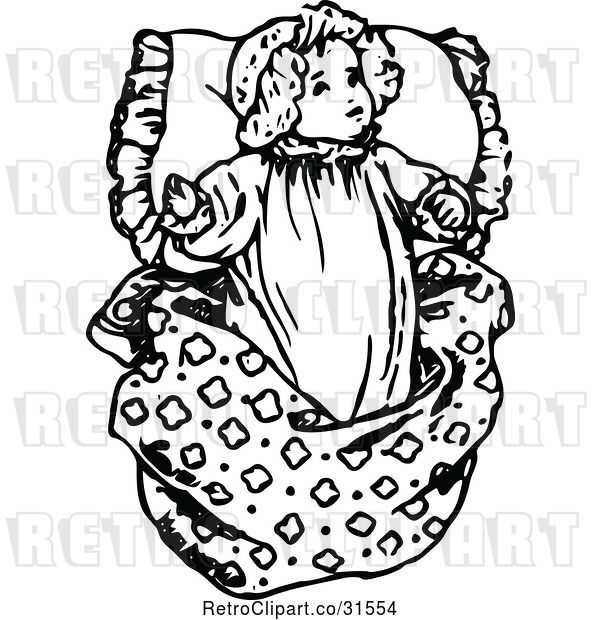 Vector Clip Art of Retro Baby Girl Resting on a Pillow
