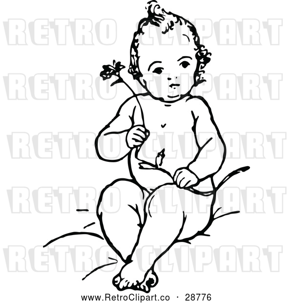 Vector Clip Art of Retro Baby Holding a Flower