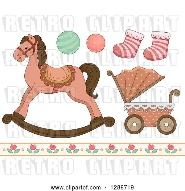 Vector Clip Art of Retro Baby Toys, Socks, Floral Border, a Carriage and Rocking Horse
