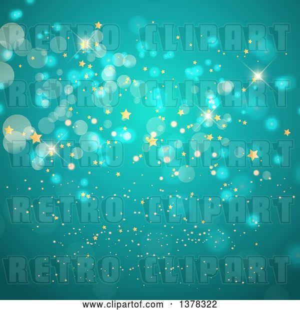 Vector Clip Art of Retro Background of Gold Stars and Bokeh Flares on Turquoise