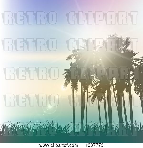 Vector Clip Art of Retro Background of Lighting Effects with Silhouetted Palm Trees Against a Blue Sunset with Light Flares and Grass