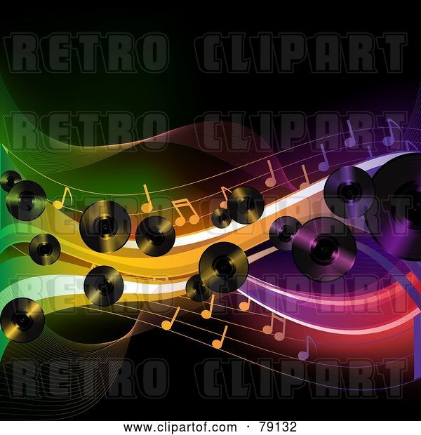 Vector Clip Art of Retro Background of Lp Records, Music Notes and Colorful Waves over Black