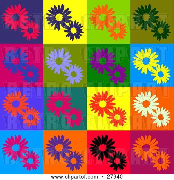 Vector Clip Art of Retro Background of Red, Purple, Orange, Green, Blue, Flowers in Different Colored Squares