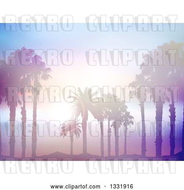 Vector Clip Art of Retro Background of Silhouetted Palm Trees on a Beach Against a Blurred Misty Ocean with Sunset Flares