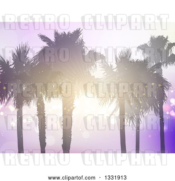 Vector Clip Art of Retro Background of Silhouetted Palm Trees with a Sunset Shining Through the Branches over Purple Flares