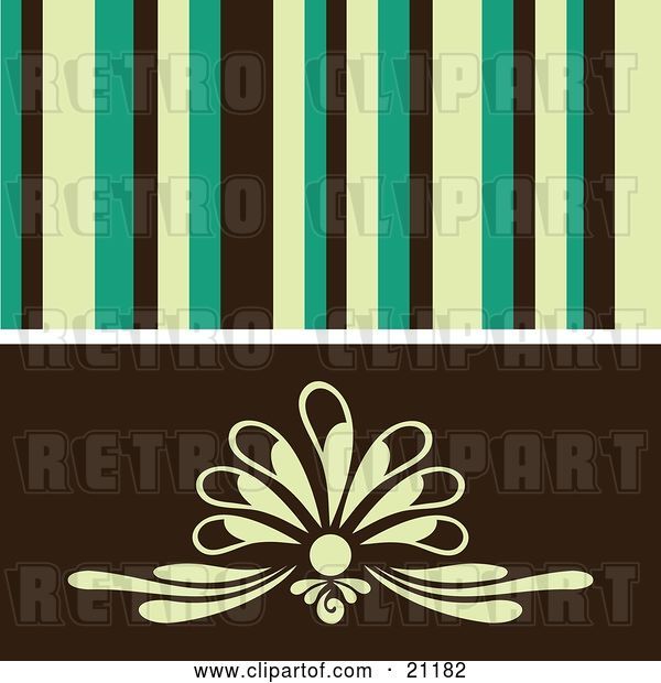 Vector Clip Art of Retro Background of Yellow, Green and Black Stipes over a Floral Design