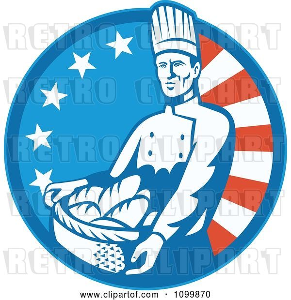 Vector Clip Art of Retro Bakery Chef Carrying a Basket of Bread over an American Circle