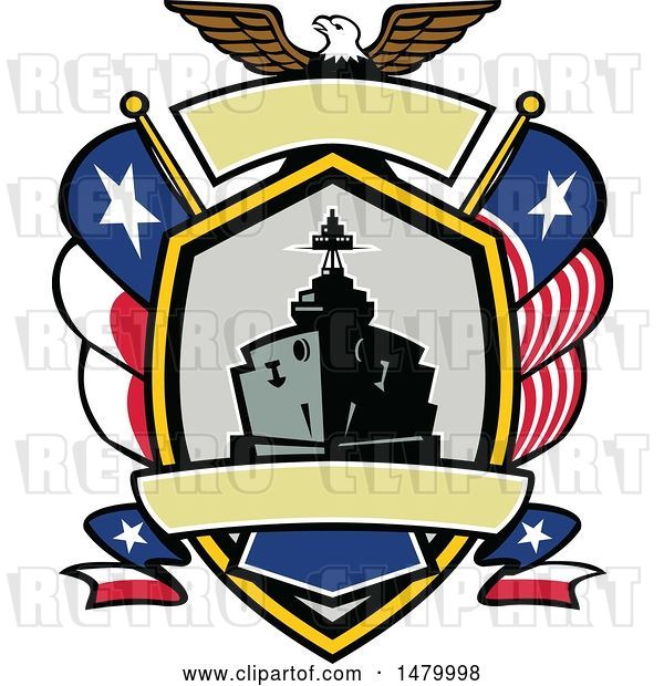 Vector Clip Art of Retro Bald Eagle Crest with a Battle Ship, State and Texas Navy Flags