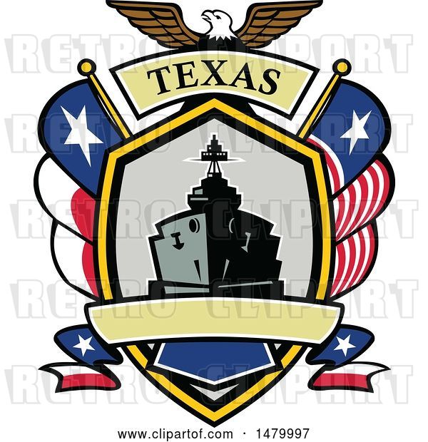 Vector Clip Art of Retro Bald Eagle Crest with a Battle Ship, State and Texas Navy Flags Flags