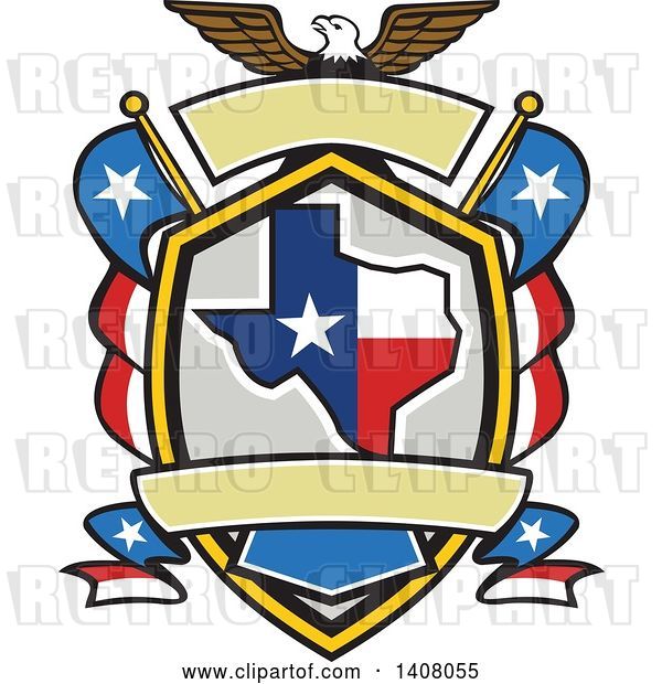 Vector Clip Art of Retro Bald Eagle Crest with the State of Texas and American Themed Flags