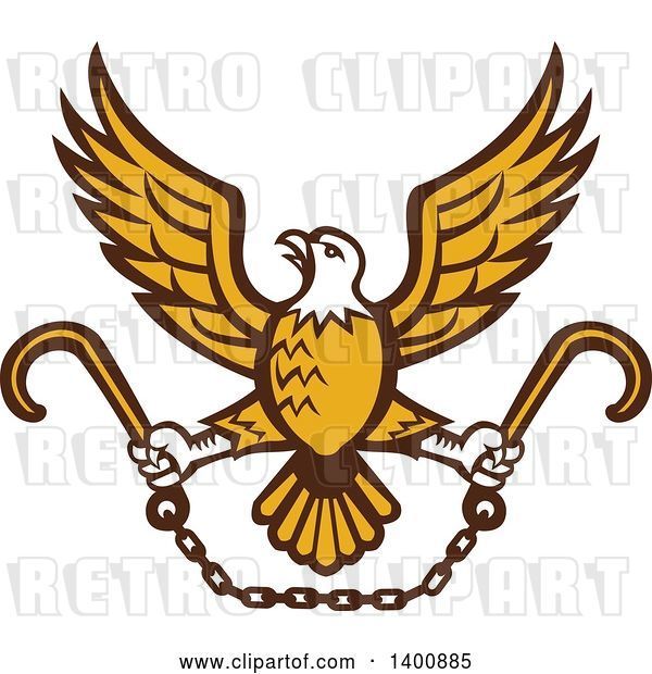 Vector Clip Art of Retro Bald Eagle Flying with a Chain and Towing J Hooks